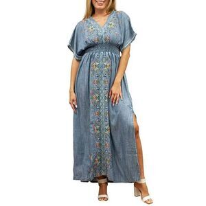 Karyn Seo Dani Embroidered Chambray Denim Short Sleeve Maxi Dress Women's Small